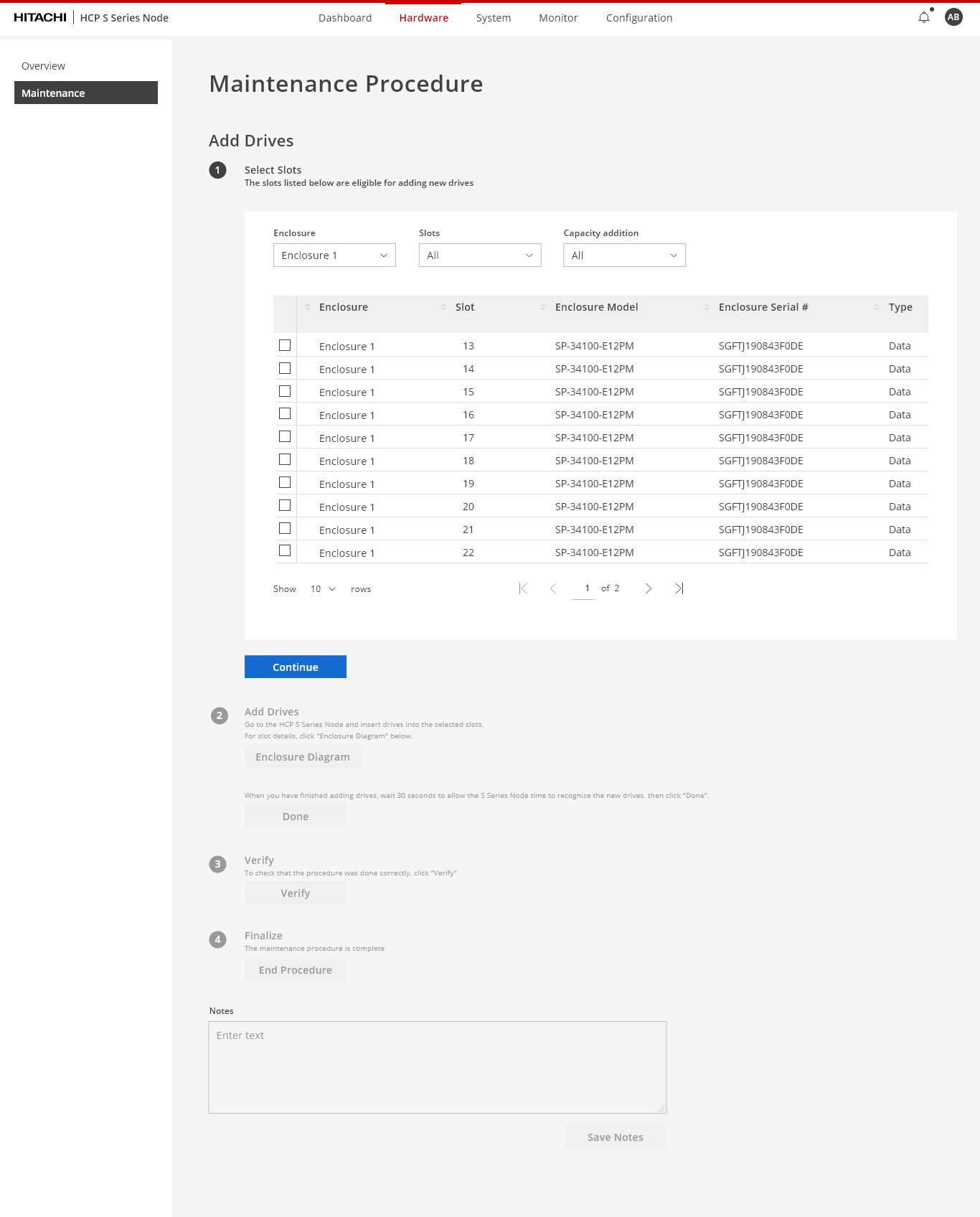 Add Drives maintenance procedure — guided step flow