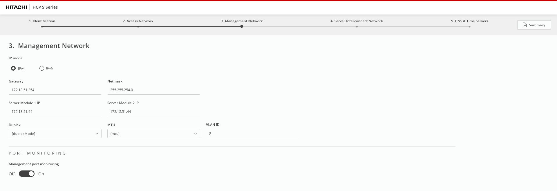 First-time setup wizard — the five-step progress indicator with Management Network configuration open