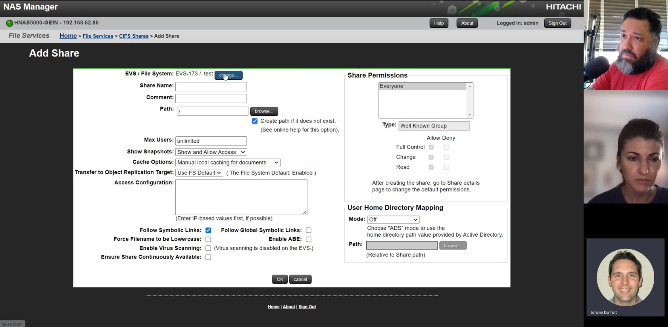 Live remote user interview — a storage admin shares their screen and walks a real task in HNAS Manager while the team observes