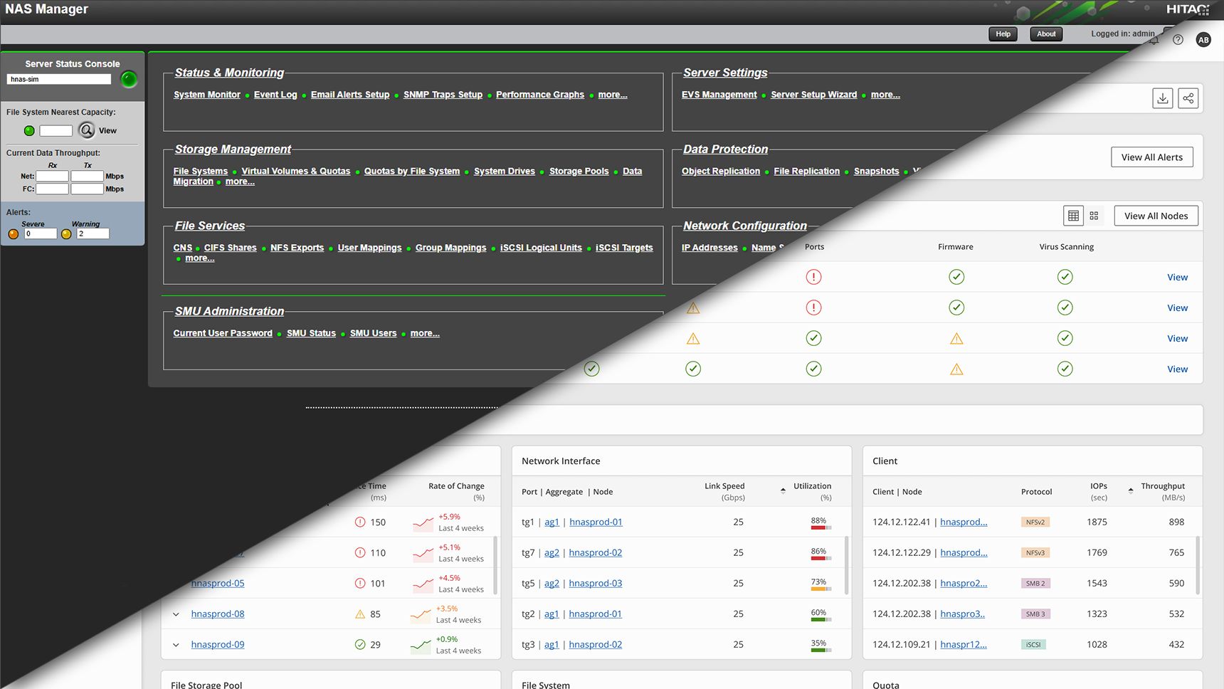 VSP One File — legacy NAS Manager beside the redesign